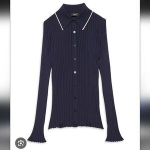 Theory Navy Ribbed Contrast Trim Button-Up Cardigan Sweater Deep Navy S Small